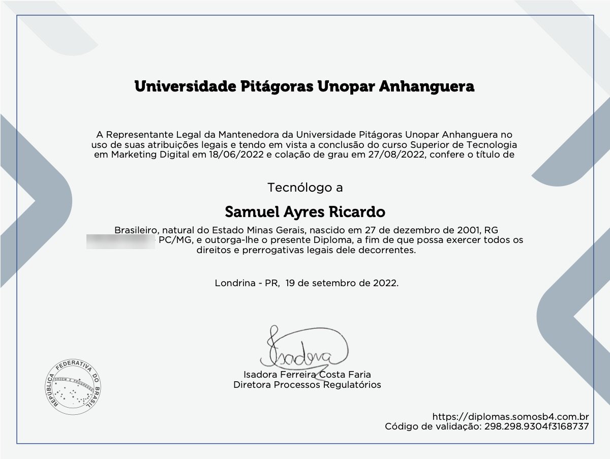 Diploma de Tecnólogo em Marketing Digital de Samuel Ayres