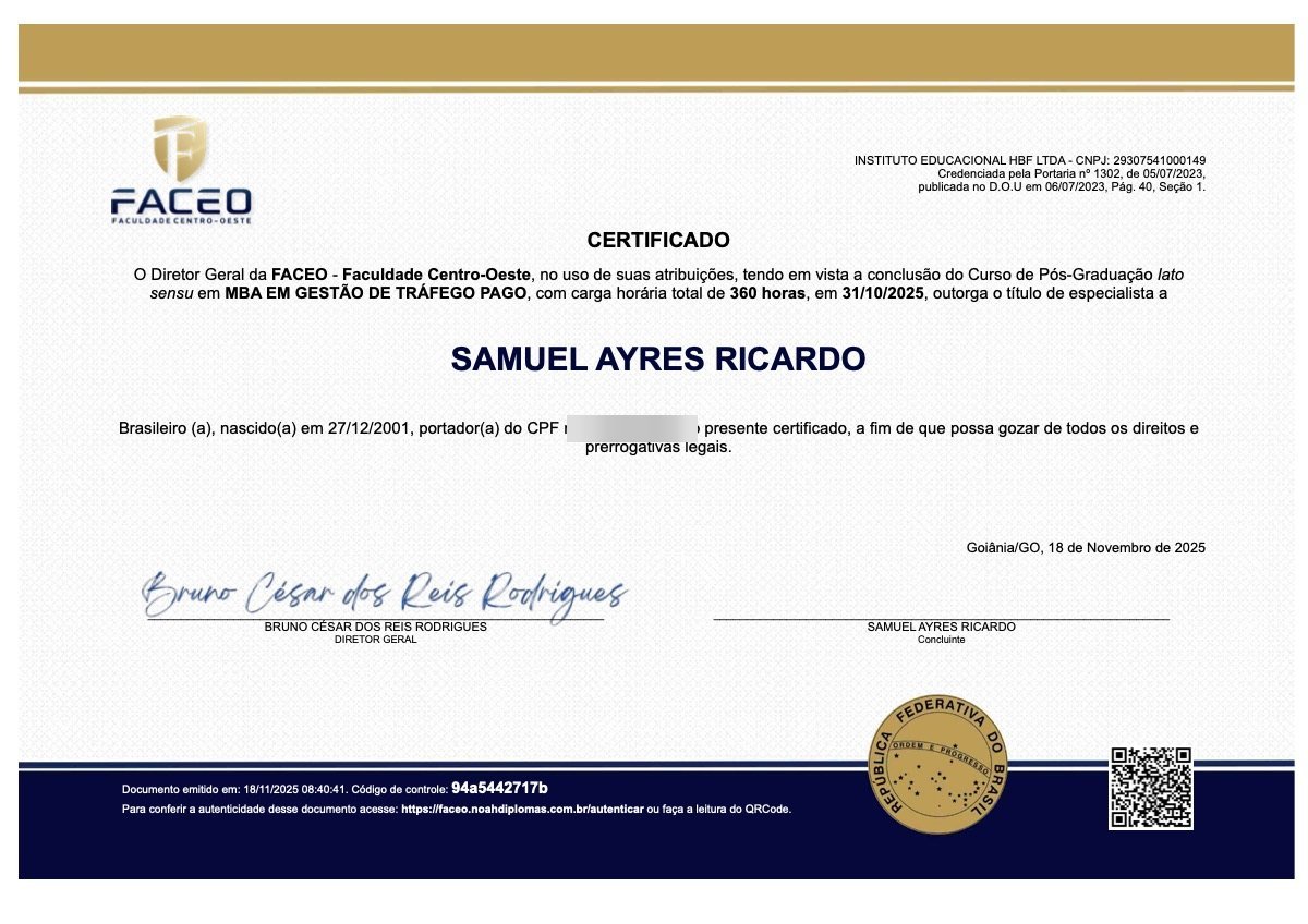 Certificado de MBA em Gestão de Tráfego Pago pela FACEO