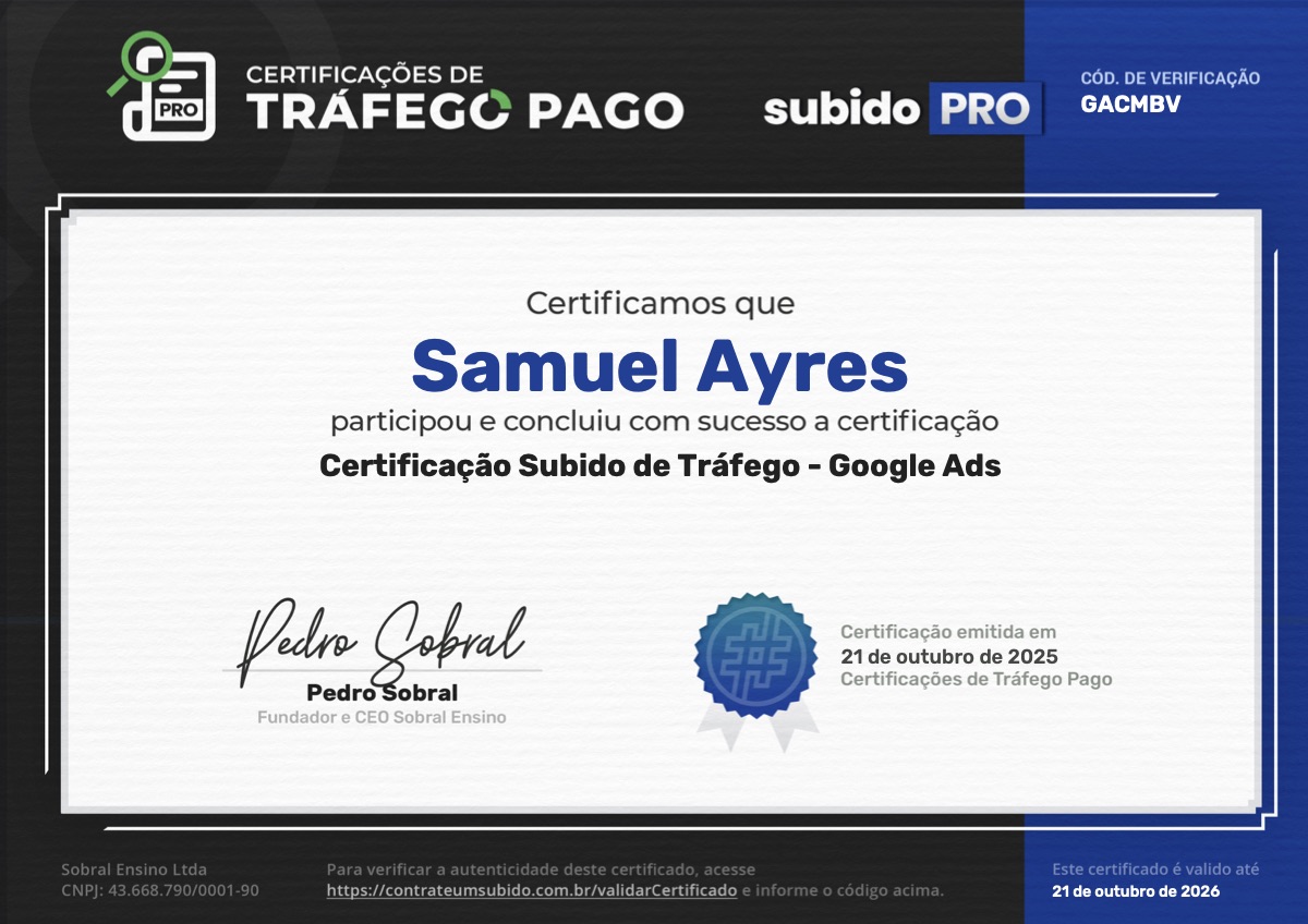 Certificação Subido de Tráfego em Google Ads de Samuel Ayres