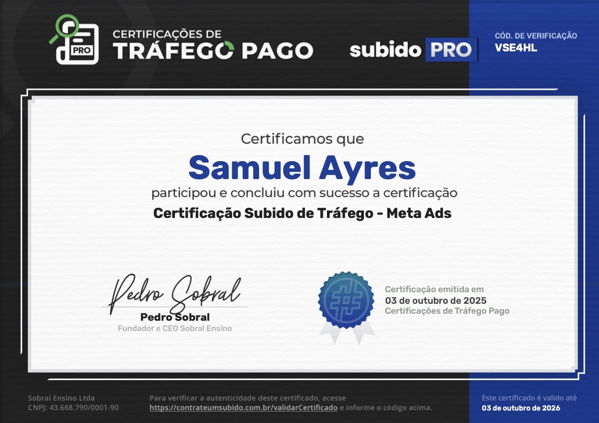 Certificação Subido de Tráfego em Meta Ads de Samuel Ayres