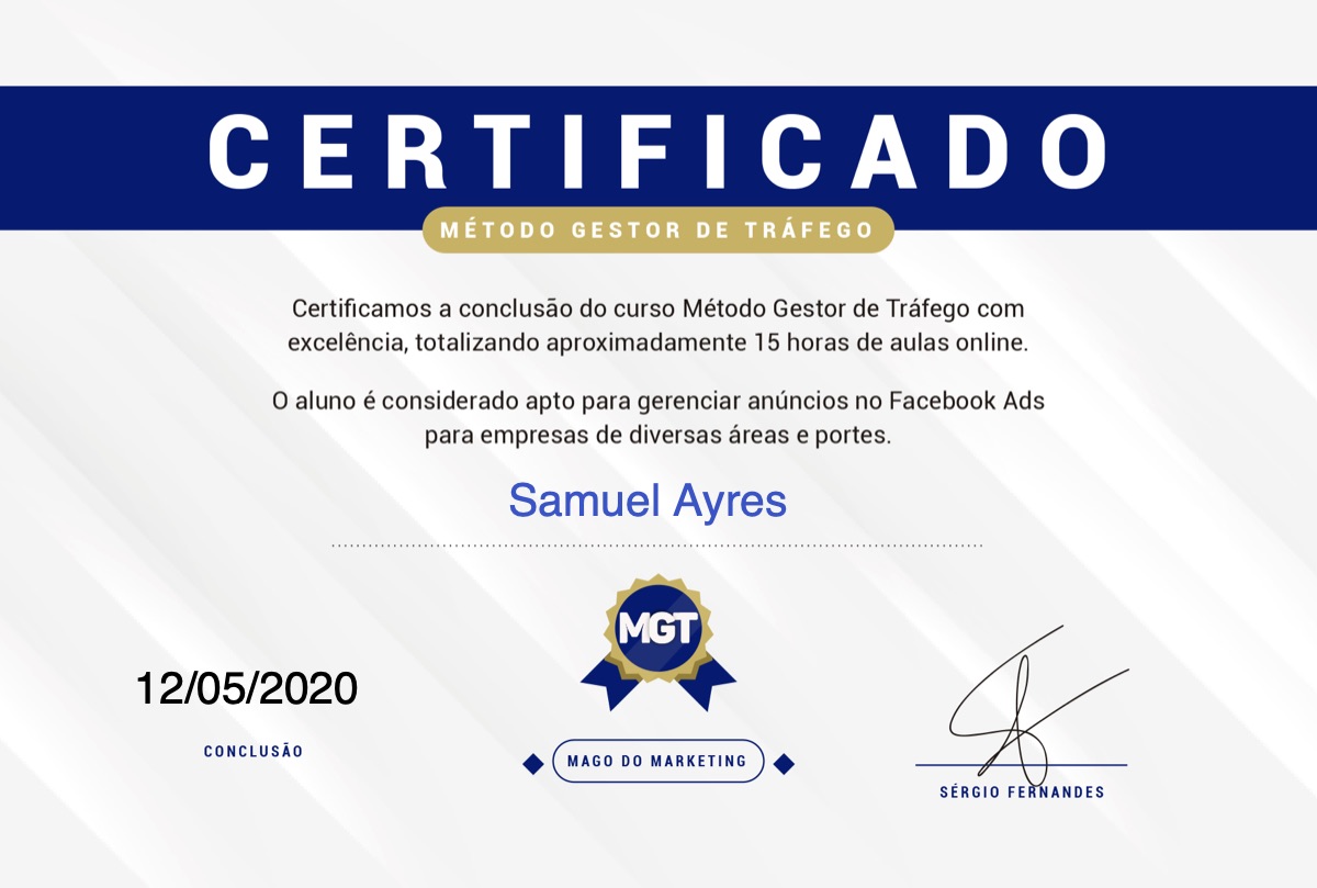 Certificado do curso Método Gestor de Tráfego